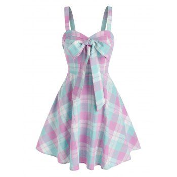 

Sleeveless Plaid Print Bowknot Detail Dress, Multicolor