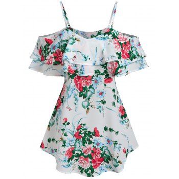 

Flower Print Cold Shoulder Flounce T-shirt, White