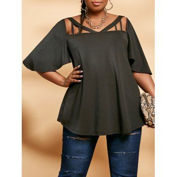 

Plus Size Cutout V Neck Flutter Sleeve Tee, Black