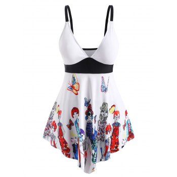 

Plus Size Butterfly Figure Print Plunge Tankini Swimwear, White