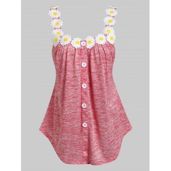 

Button Up Floral Applique Tank Top, Red