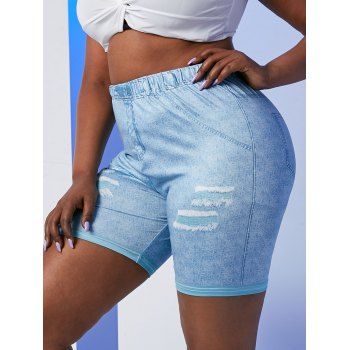 

Plus Size 3D Ripped Denim Print Short Jeggings, Light blue