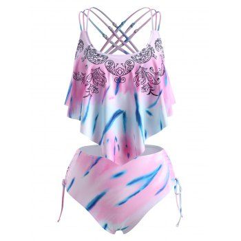 

Plus Size Tie Dye Straps Criss Cross Cinched Tankini Swimwear, Light purple