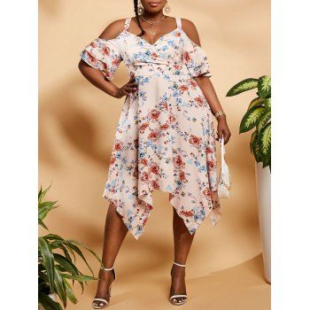 

Plus Size Flower Print Cold Shoulder Surplice Handkerchief Dress, Light pink