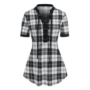 

Plaid Print Lace-up Short Sleeve T-shirt, Black
