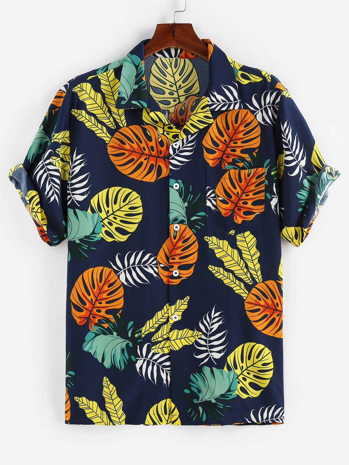 Tropical Leaves Print Short Sleeve Shirt - DEEP BLUE XXL