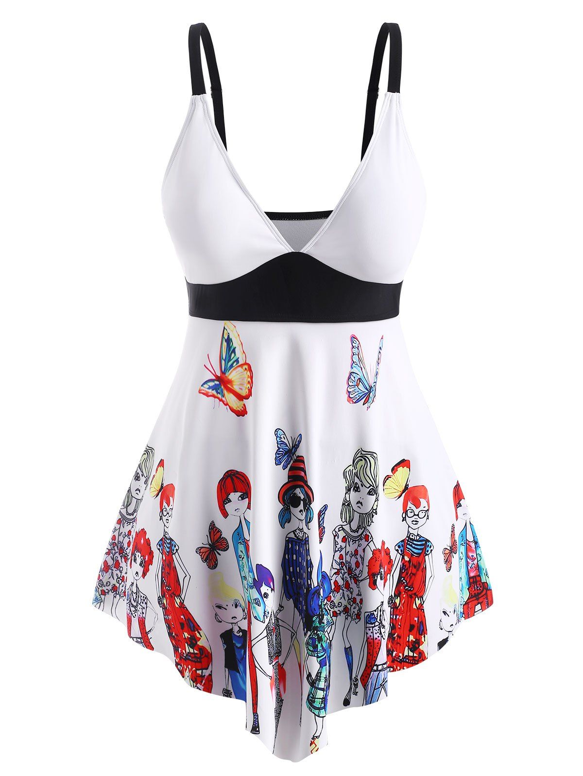Plus Size Butterfly Figure Print Plunge Tankini Swimwear - WHITE L