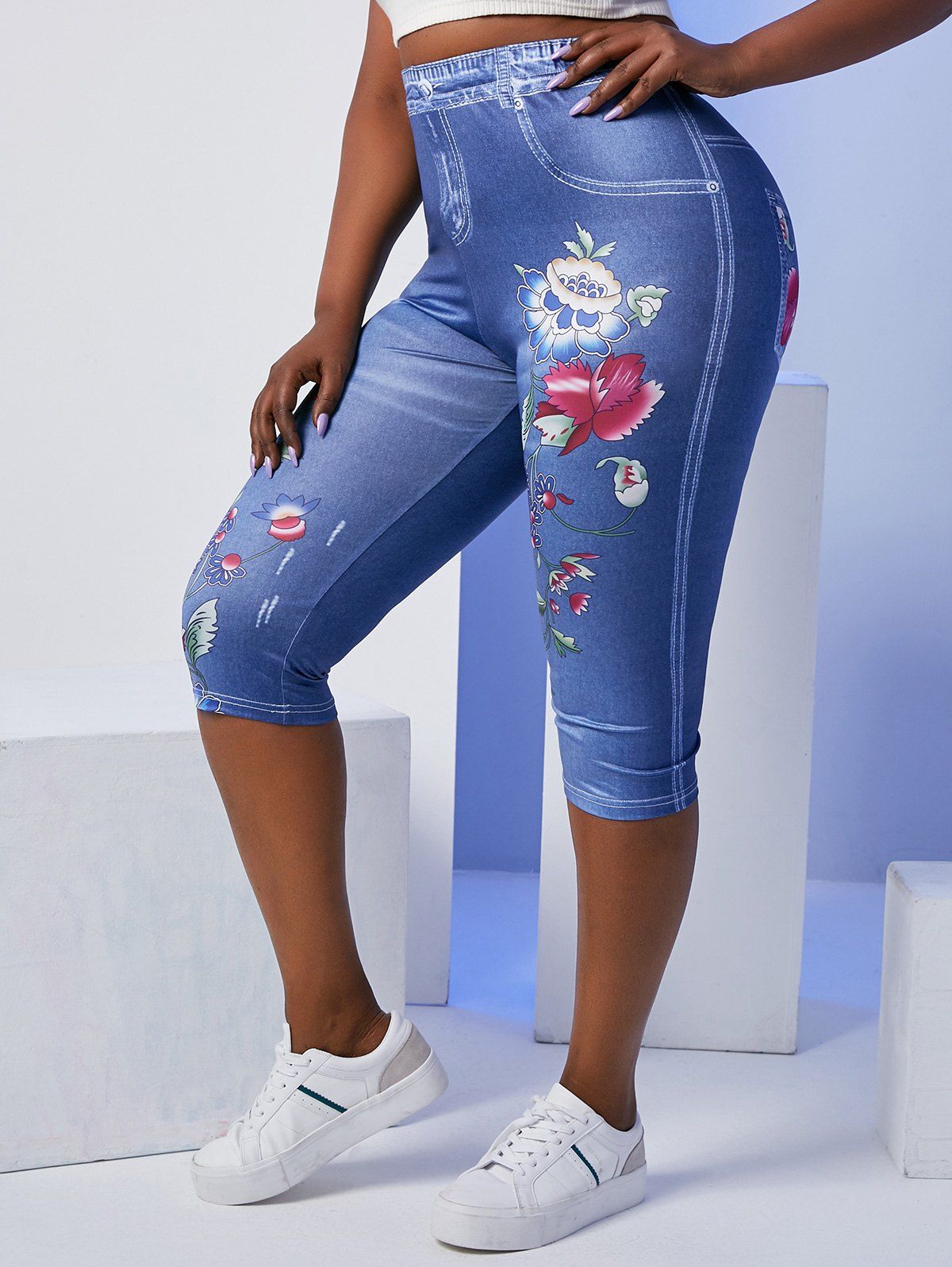 Plus Size Wildflower 3D Jean Print High Rise Cropped Jeggings - BLUE 5X