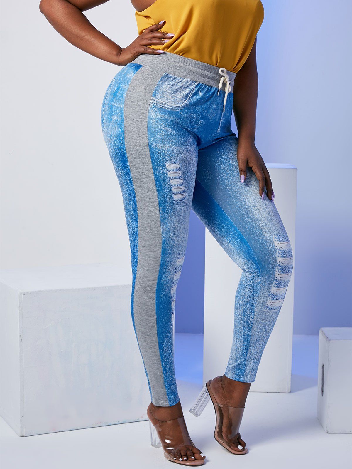 Pantalon Imprimé Maigre 3D  Panneau en Gris de Grande Taille - Bleu 1X