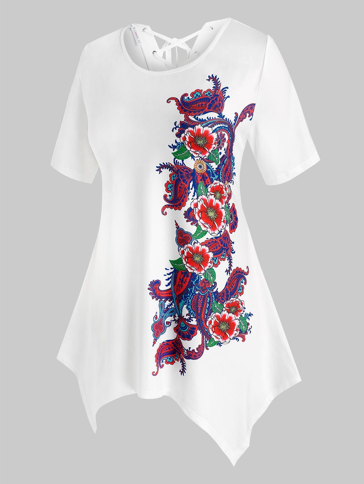 Plus Size Floral Print Lace Up Handkerchief Tee - WHITE 5X