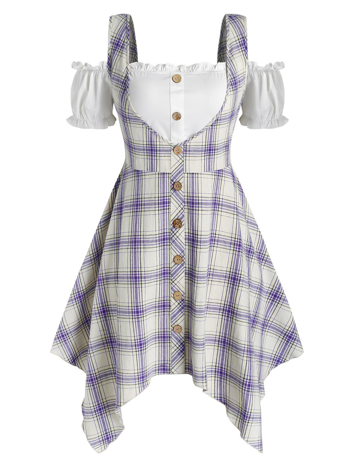 Plus Size Off The Shoulder Crop Top and Plaid Handkerchief Dress Set - multicolor L