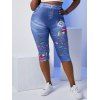 Plus Size Wildflower 3D Jean Print High Rise Cropped Jeggings - BLUE 3X