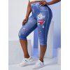 Plus Size Wildflower 3D Jean Print High Rise Cropped Jeggings - BLUE 3X
