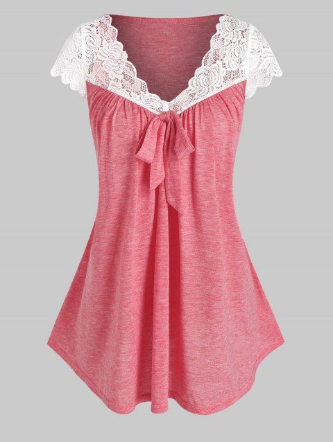 Flower Lace Insert Bowknot Heathered T-shirt