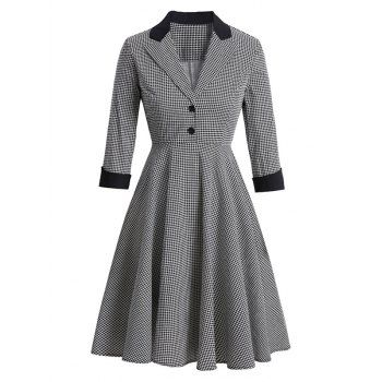 

Houndstooth Lapel Mock Button Rolled Sleeve Dress, White
