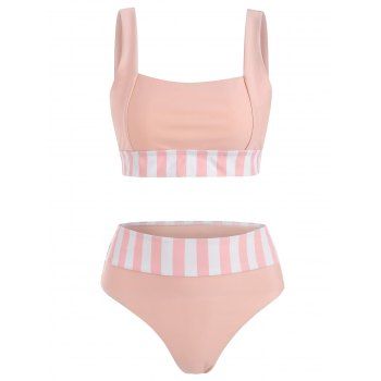 

Striped High Waisted Square Neck Bikini Swimwear, Light pink