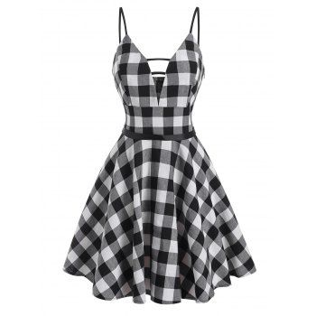 

Classic Plaid Ladder Cutout Plunge Cami Flare Dress, Black