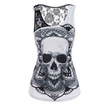 

Lace Insert O Ring Skull Print Tank Top, Black