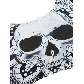 Gothic Swimsuit Top Skull Flower Print O Ring Halter Bikini Swimwear Top