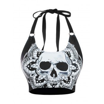 

Gothic Swimsuit Top Skull Flower Print O Ring Halter Bikini Swimwear Top, Black
