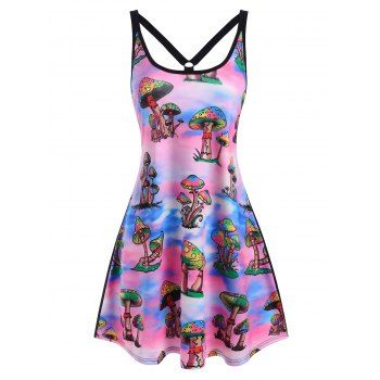 

Summer Mushroom Print O Ring Strappy Tank Dress, Multicolor