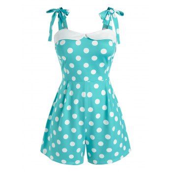 

Plus Size Tie Shoulder Polka Dot Romper, Green