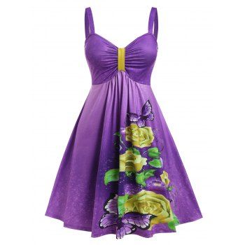 

Plus Size Floral Print Ruched Flare Dress, Purple