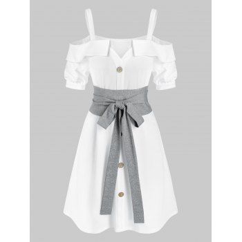 

Cold Shoulder Button Through Belted Dress, White