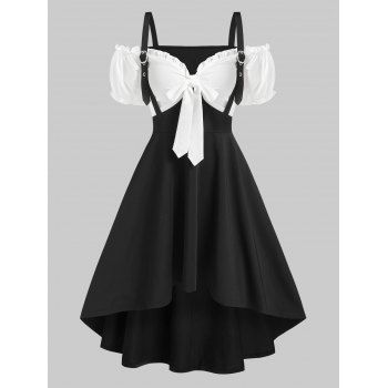 

Cold Shoulder Bowknot Detail High Low Twofer Dress, Black