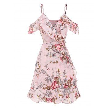 

Flower Print Vacation A Line Mini Wrap Dress Cold Shoulder Surplice V Neck Ruffle Summer Dress, Light pink