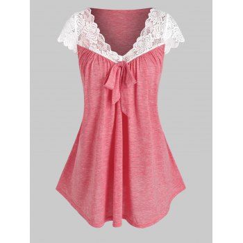

Flower Lace Insert Bowknot Heathered T-shirt, Light pink