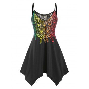 

Plus Size Lace Panel Printed Handkerchief Tank Top, Black