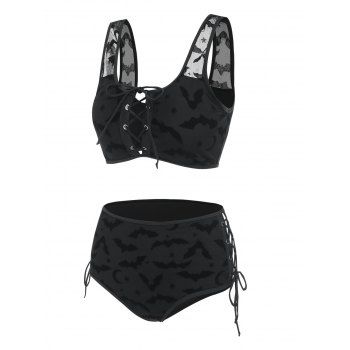 Gothic Bikini Swimsuit Bat Crescent Star Print Bathing Suit Cinched Mesh Lace Up Cut Out Swimwear