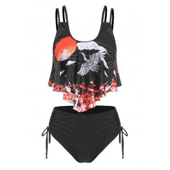 

Sun Crane Print Cinched Padded Tankini Set, Black