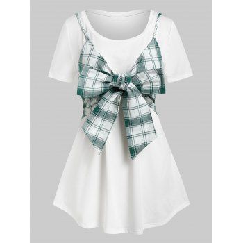 

Plus Size Bowknot Plaid Crop Top and Tunic Tee Set, Green