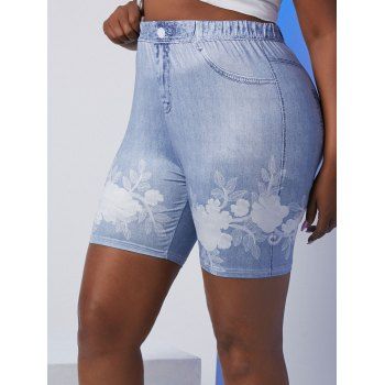 

Plus Size High Rise 3D Floral Jean Print Short Jeggings, Blue