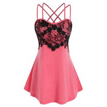 

Crisscross Strappy Flower Lace Insert Tank Top, Light pink