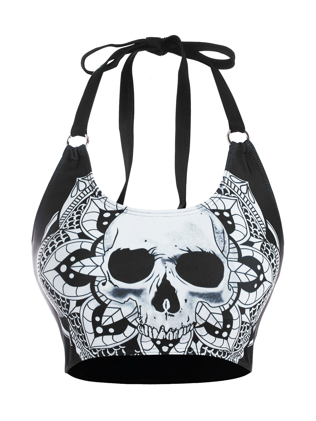 Gothic Swimsuit Top Skull Flower Print O Ring Halter Bikini Swimwear Top - BLACK XXL