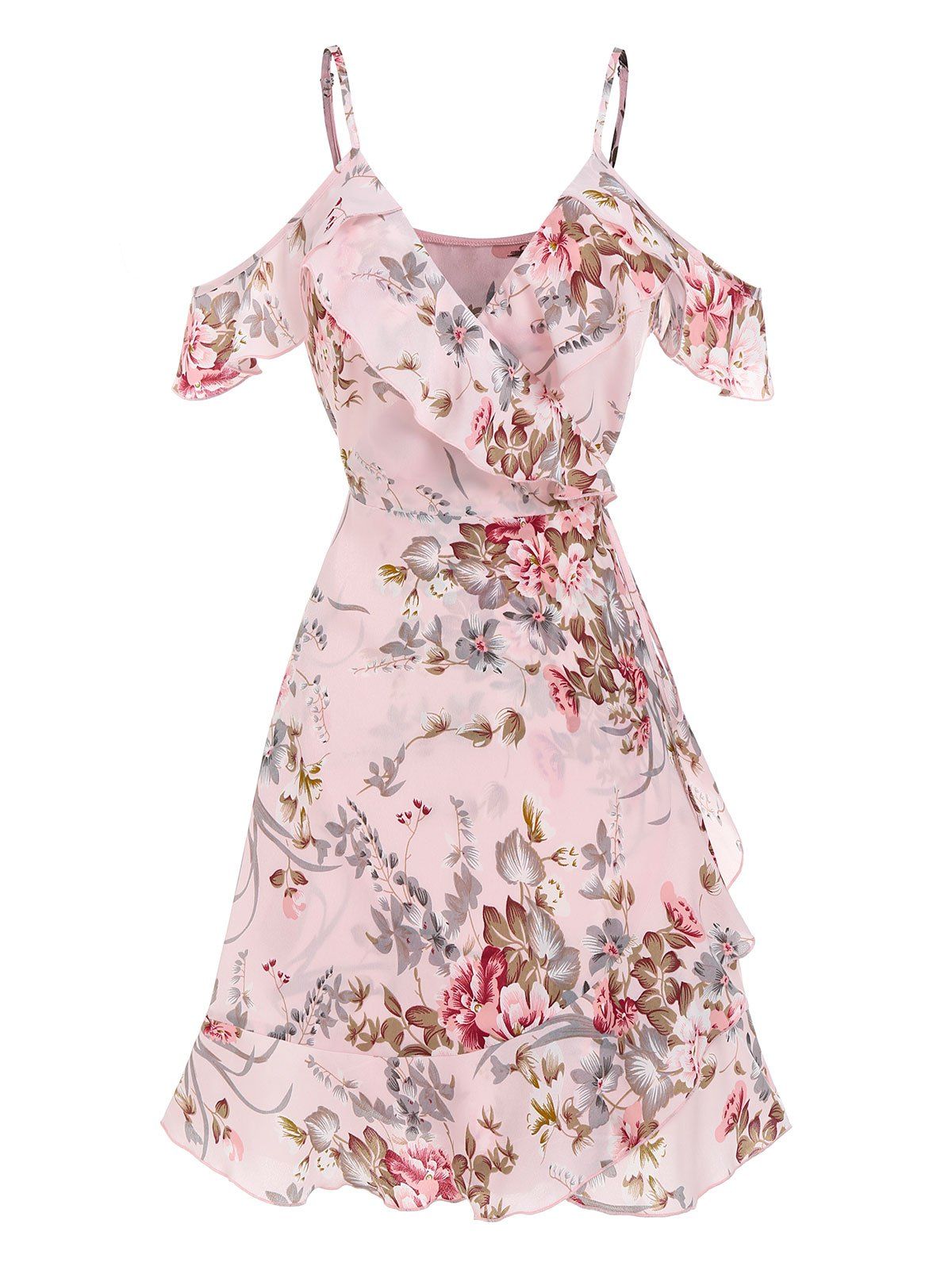 Flower Print Vacation A Line Mini Wrap Dress Cold Shoulder Surplice V Neck Ruffle Summer Dress - LIGHT PINK XXL