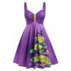 Plus Size Floral Print Ruched Flare Dress - PURPLE L