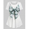 Plus Size Bowknot Plaid Crop Top and Tunic Tee Set - GREEN 5X