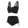 Gothic Bikini Swimsuit Bat Crescent Star Print Bathing Suit Cinched Mesh Lace Up Cut Out Swimwear - BLACK XXXL