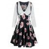 Robe Fourreau Fleurie Imprimée à Manches Longues à Lacets - Noir 2XL