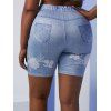 Plus Size High Rise 3D Floral Jean Print Short Jeggings - BLUE 1X