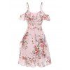 Flower Print Vacation A Line Mini Wrap Dress Cold Shoulder Surplice V Neck Ruffle Summer Dress - LIGHT PINK XXL
