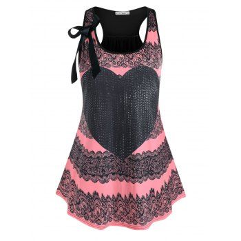 

Plus Size Heart Print Bowknot Racerback Long Tank Top, Multicolor