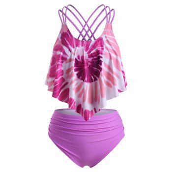 

Plus Size Tie Dye Straps Cross High Rise Tankini Swimwear, Light purple