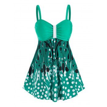 

Plus Size Paisley Polka Dot Print Ruched Padded Tankini Set, Green