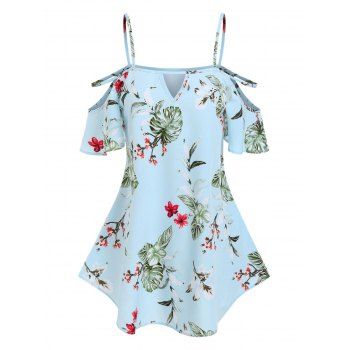 

Floral Print Cold Shoulder Top, Light blue