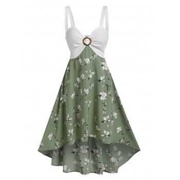 

Floral Print O Ring High Low Midi Dress, Deep green